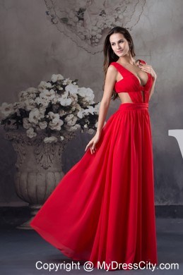 Red Ruching Cut Outs Cool Back Straps Chiffon Prom Dress