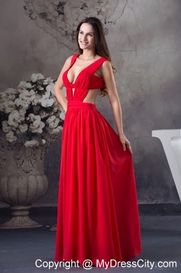 Red Ruching Cut Outs Cool Back Straps Chiffon Prom Dress