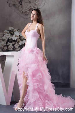 Halter High-low Prom Dress with Ruffles and Handmade Flowers