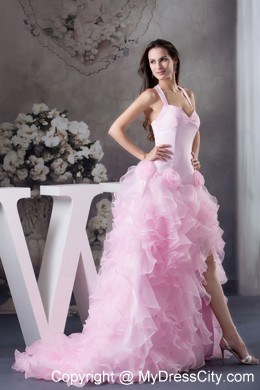 Halter High-low Prom Dress with Ruffles and Handmade Flowers