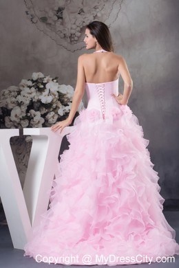 Halter High-low Prom Dress with Ruffles and Handmade Flowers