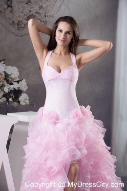 Halter High-low Prom Dress with Ruffles and Handmade Flowers