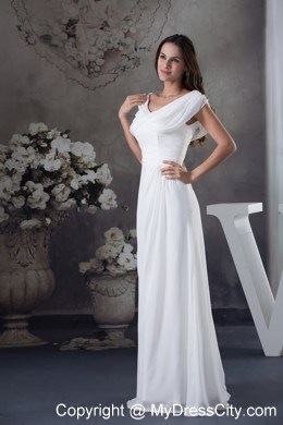 Simple White Ruching V-neck Zipper up Back Chiffon Prom Dress