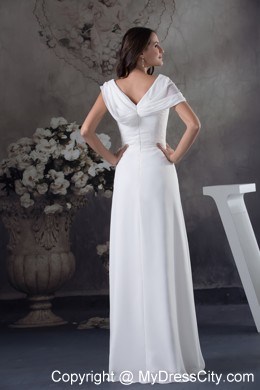 Simple White Ruching V-neck Zipper up Back Chiffon Prom Dress