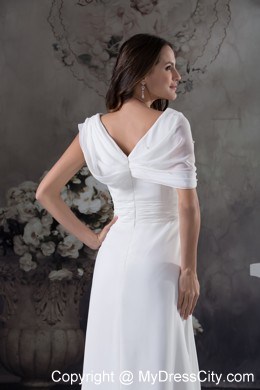 Simple White Ruching V-neck Zipper up Back Chiffon Prom Dress