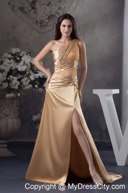 Champagne Beaded Slit Prom Dress with One Shoulder Court Train