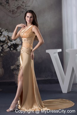 Champagne Beaded Slit Prom Dress with One Shoulder Court Train