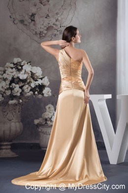 Champagne Beaded Slit Prom Dress with One Shoulder Court Train