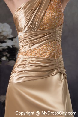 Champagne Beaded Slit Prom Dress with One Shoulder Court Train