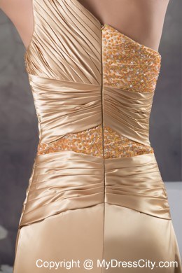 Champagne Beaded Slit Prom Dress with One Shoulder Court Train