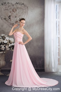 Back Out Court Train Beaded Chiffon Pink Sweetheart Prom Dress