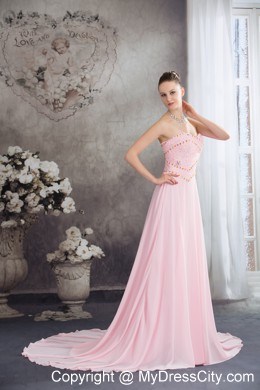 Back Out Court Train Beaded Chiffon Pink Sweetheart Prom Dress