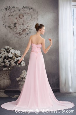 Back Out Court Train Beaded Chiffon Pink Sweetheart Prom Dress