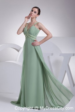 Apple Green V-neck Beading Brush Train Back Out Prom Dress