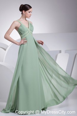 Apple Green V-neck Beading Brush Train Back Out Prom Dress