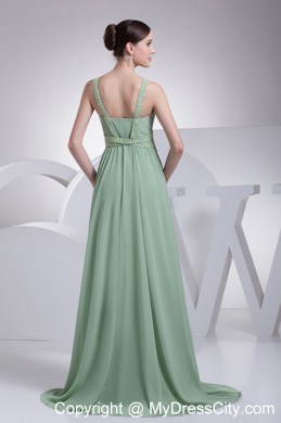 Apple Green V-neck Beading Brush Train Back Out Prom Dress