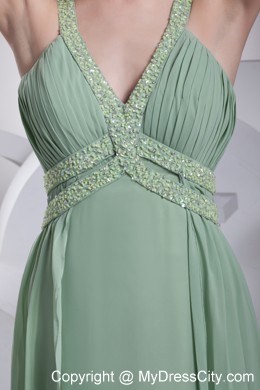 Apple Green V-neck Beading Brush Train Back Out Prom Dress