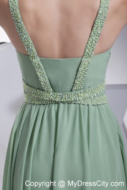 Apple Green V-neck Beading Brush Train Back Out Prom Dress