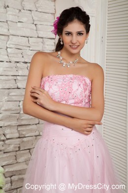 Strapless Beaded Cool Back Baby Pink Tulle Dress for Prom