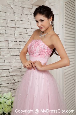 Strapless Beaded Cool Back Baby Pink Tulle Dress for Prom