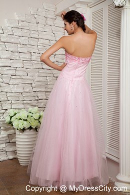 Strapless Beaded Cool Back Baby Pink Tulle Dress for Prom