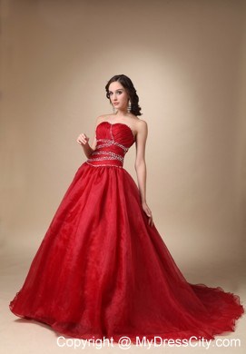 Wine Red Court Train Organza Beaded and Ruched Quinceanea Dress