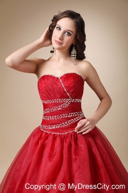 Wine Red Court Train Organza Beaded and Ruched Quinceanea Dress