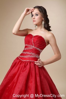 Wine Red Court Train Organza Beaded and Ruched Quinceanea Dress