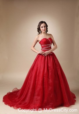 Wine Red Court Train Organza Beaded and Ruched Quinceanea Dress