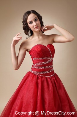 Wine Red Court Train Organza Beaded and Ruched Quinceanea Dress