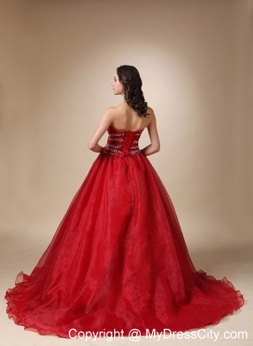 Wine Red Court Train Organza Beaded and Ruched Quinceanea Dress