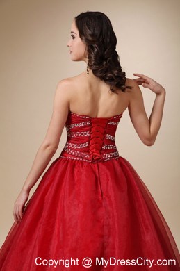 Wine Red Court Train Organza Beaded and Ruched Quinceanea Dress