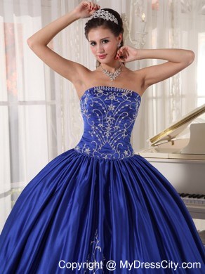 Blue Strapless Ball Gowns Embroidery Satin 2013 Dress for Quince