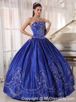 Blue Strapless Ball Gowns Embroidery Satin 2013 Dress for Quince