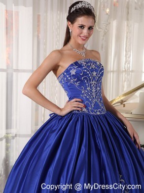 Blue Strapless Ball Gowns Embroidery Satin 2013 Dress for Quince