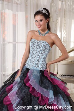 Multi-color Organza Ruffles Lace Decorate Bust Sweet 16 Dress