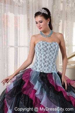 Multi-color Organza Ruffles Lace Decorate Bust Sweet 16 Dress