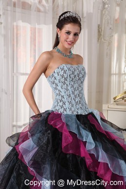 Multi-color Organza Ruffles Lace Decorate Bust Sweet 16 Dress