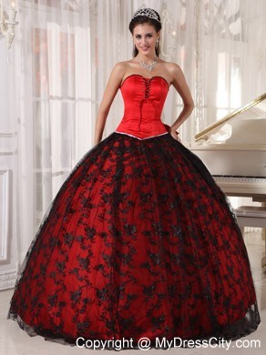 Red and Black Ball Gown Lace Sweet 15 Dress with Sweetheart