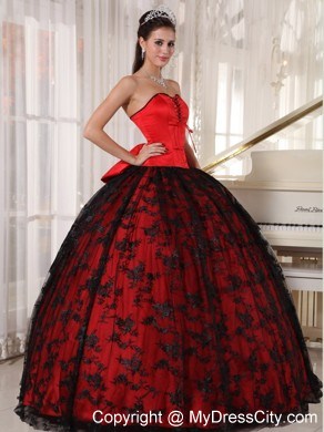 Red and Black Ball Gown Lace Sweet 15 Dress with Sweetheart