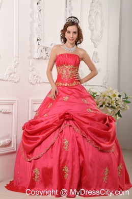 Coral Red Taffeta Appliques Pick-ups Quinceanera Dress in Spring