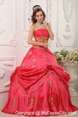 Coral Red Taffeta Appliques Pick-ups Quinceanera Dress in Spring