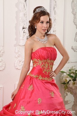 Coral Red Taffeta Appliques Pick-ups Quinceanera Dress in Spring