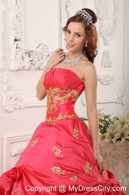 Coral Red Taffeta Appliques Pick-ups Quinceanera Dress in Spring