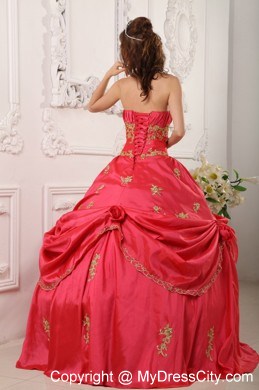 Coral Red Taffeta Appliques Pick-ups Quinceanera Dress in Spring