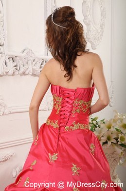 Coral Red Taffeta Appliques Pick-ups Quinceanera Dress in Spring