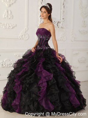 2013 Purple and Black Organza Ruffles Dress For Sweet 15 Dress