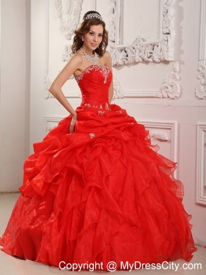 Red Ball Gown Ruffles Quinceanera Dress with Appliques and Ruches