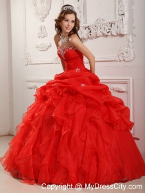 Red Ball Gown Ruffles Quinceanera Dress with Appliques and Ruches