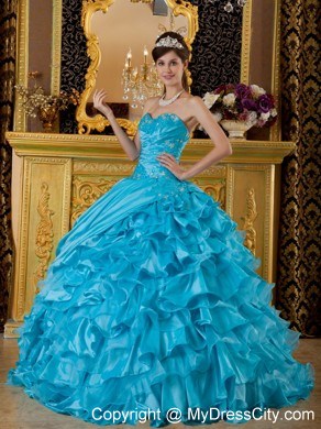 Teal Puffy Sweetheart Organza Ruffles 2013 Quinceanera Dress